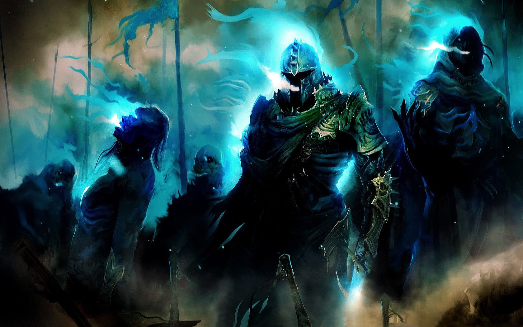 undead warriors blue flame flags armour