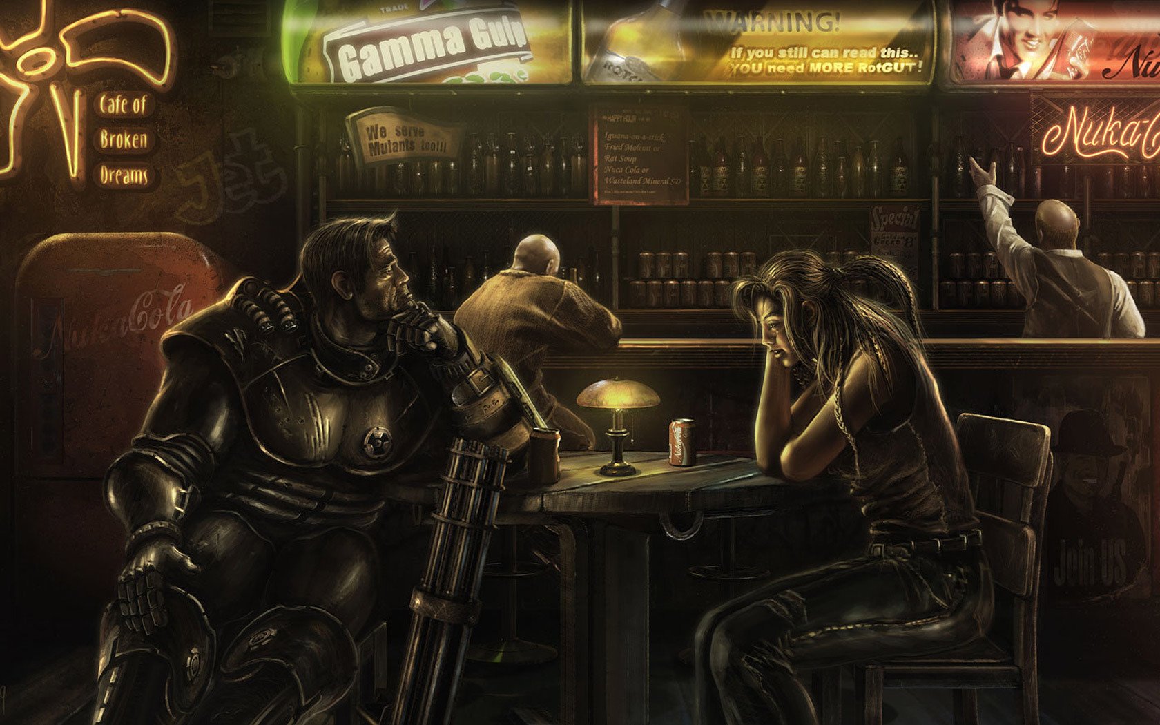 fallout kunst café gebrochene träume bar mann frau minigun kraft rüstung