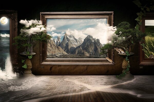 Ein Gemälde in der Galerie, auf dem Berge und Wolken gemalt sind