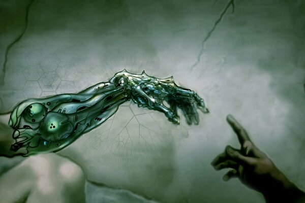 The hand of God reaches out to the hand of the technocratic cyber Adam