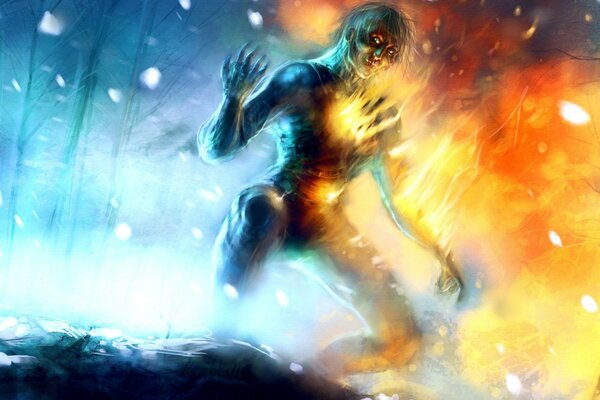 A creature engulfed in flames in the snow