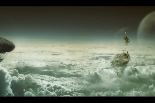 Mondo cosmico con nuvole e navi