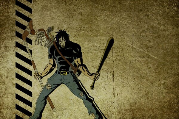 Casey Jones with a hockey stick and a baseball bat