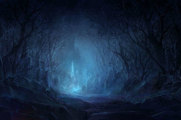 Mistyczny Zamek w nocnym lesie