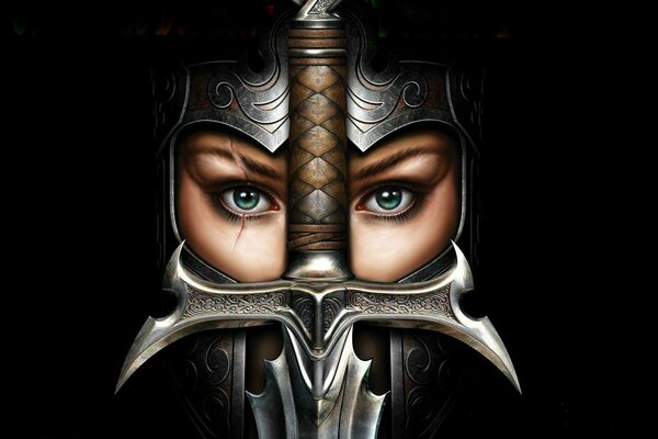 The face of the girl in the helmet behind the hilt of the sword