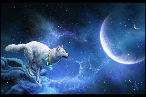 White wolf with amulet, planets