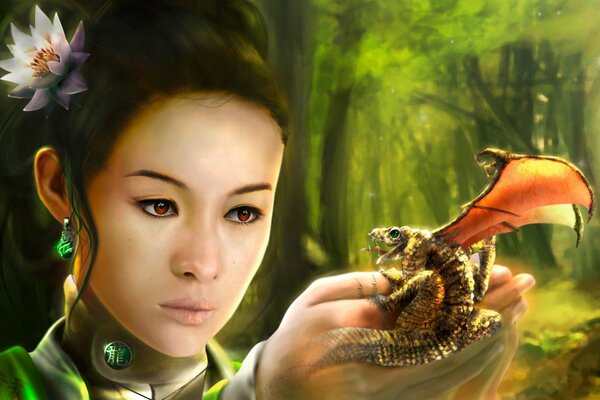 Mujer asiática sostiene un dragón en sus Palmas