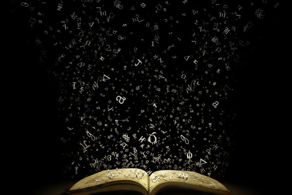 An open book with mysterious letters hovering over it on a dark background