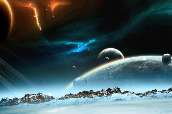 Snow-capped mountains on the background of planets