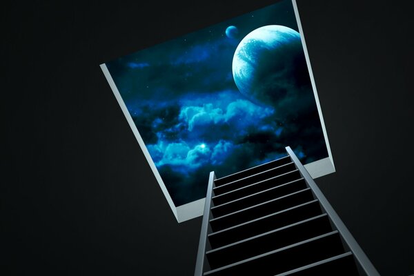 A trapdoor and a ladder leading to the night sky with bright blue clouds and a large planet