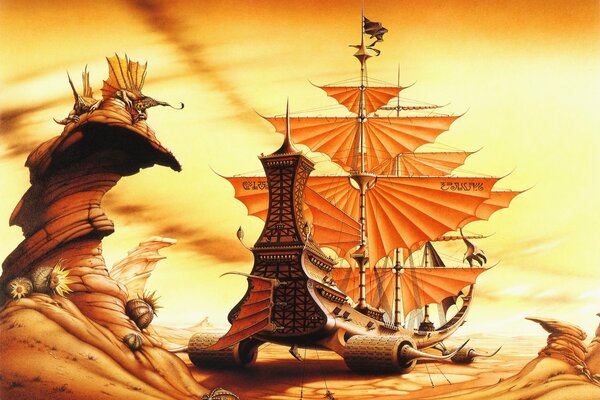 A ship with sails moves through the desert