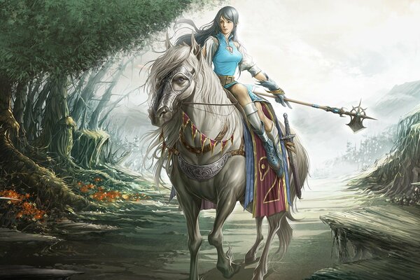 A fairy tale story, a girl on a horse in the forest