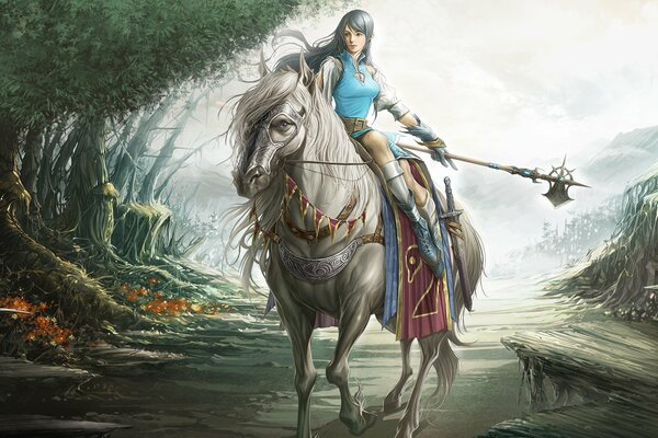 Histoire de conte de fées, fille sur un cheval dans la forêt