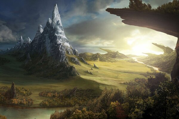 Fantasy-Welt, wo die Klippen ein Waldfeld sind