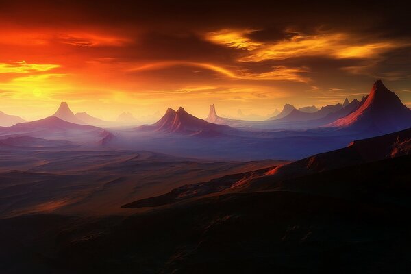 Montagnes au coucher du soleil de la planète rouge