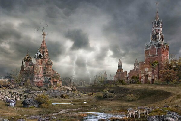 Moscú post-apocalíptico, las ruinas del Kremlin y la iglesia de San Basilio