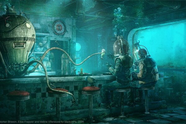 Octopus on the bar in the company of divers