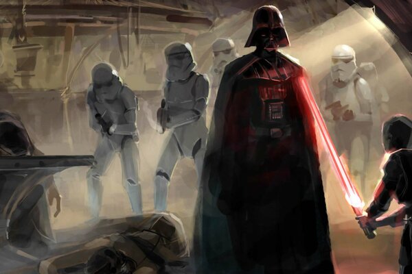 Darth Vader and the boy with the laser sword against the stormtroopers