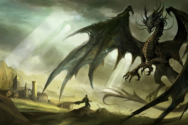 Встреча дракона и человека, в темных тонах