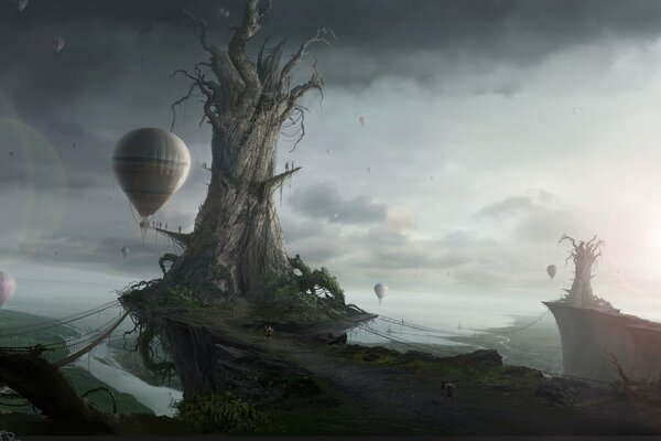 A landscape from the fantasy world with balloons