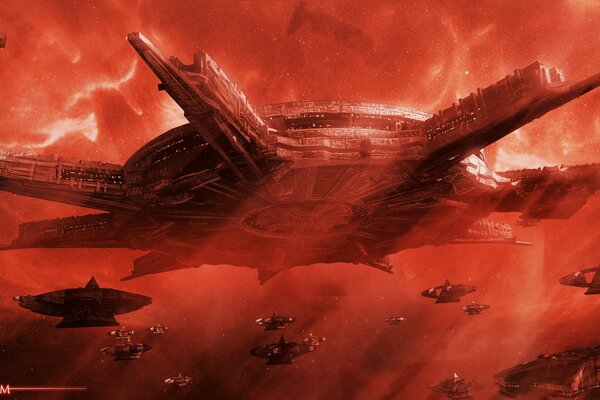 An extraterrestrial ship with an armada ship in the red sky