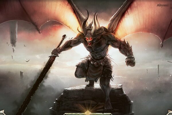 The rise of a demon with large wings swinging a sword