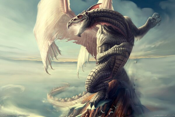 Scaly dragon on the background of the sea and clouds