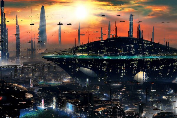 Ciudad de ciencia ficción durante el atardecer