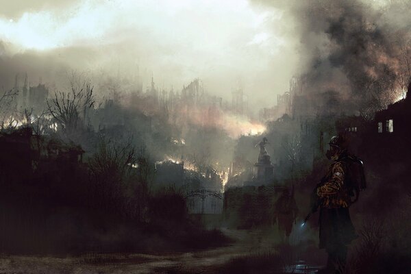 Soldiers in a smoke-filled city