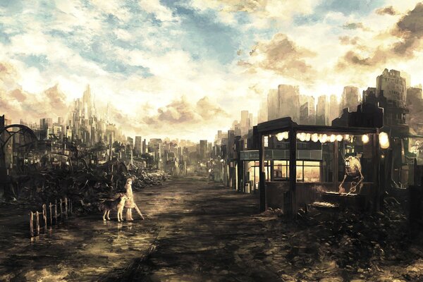 Art post-apocalypse with ruins in the future