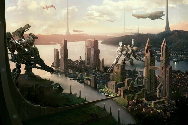 Fantastic art about huge robots attacking the city