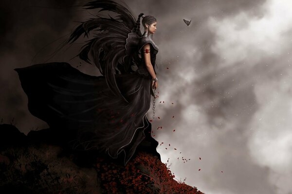 A girl in a black robe walks on rose petals