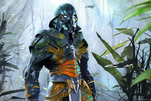 The contrast of the green jungle and the warrior in armor