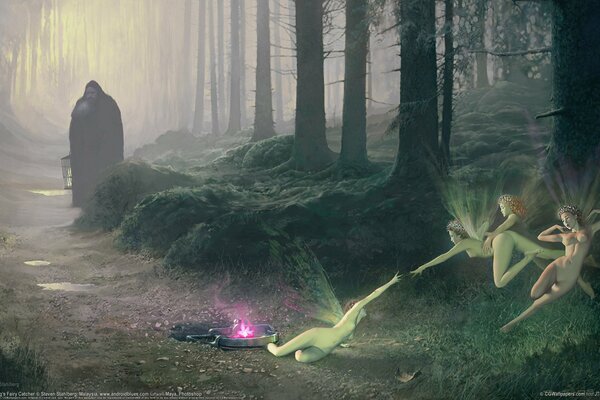 Photo in the fantasy style. Fairies are trapped, the hunter is watching from the side