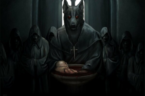 A sect of wolves in black cloaks with a baby in a bowl