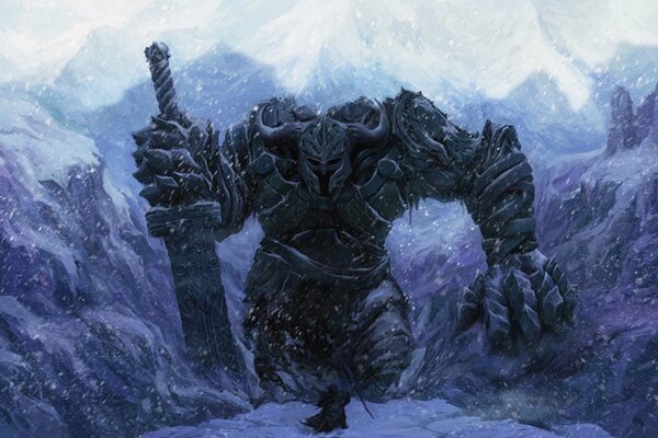 The image of a warrior and a giant among the winter mountains