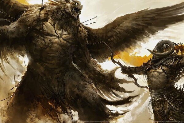A warrior s battle with a winged monster