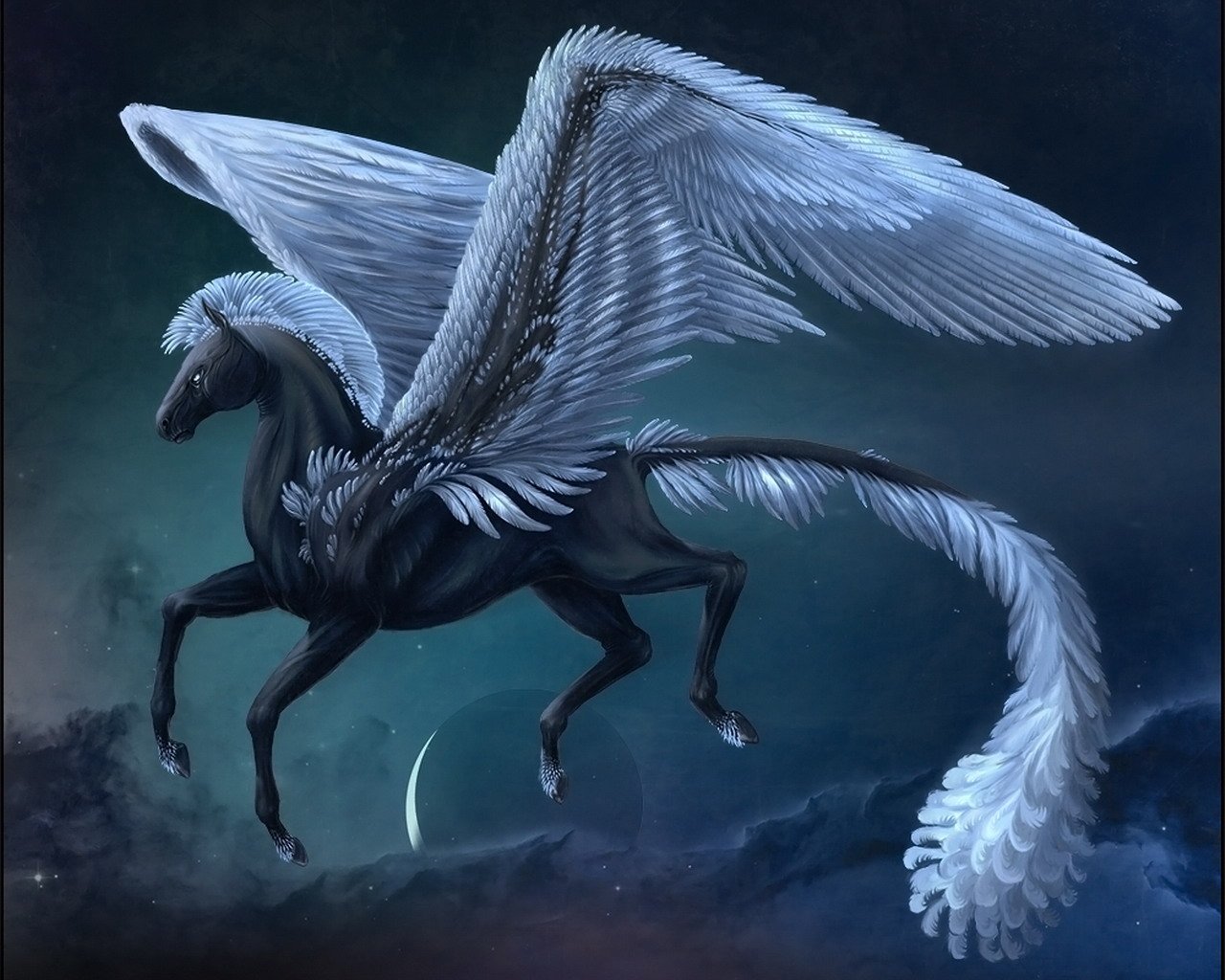 fantasy pegasus mountain moon wings dark