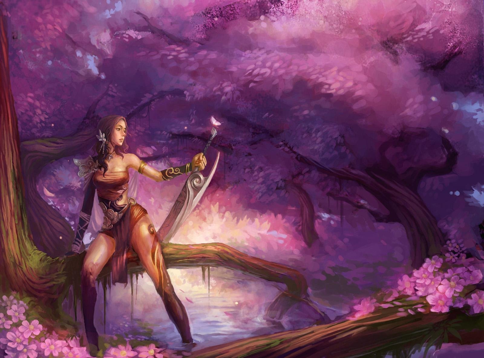 fantasy girl weapon sword butterfly tree water