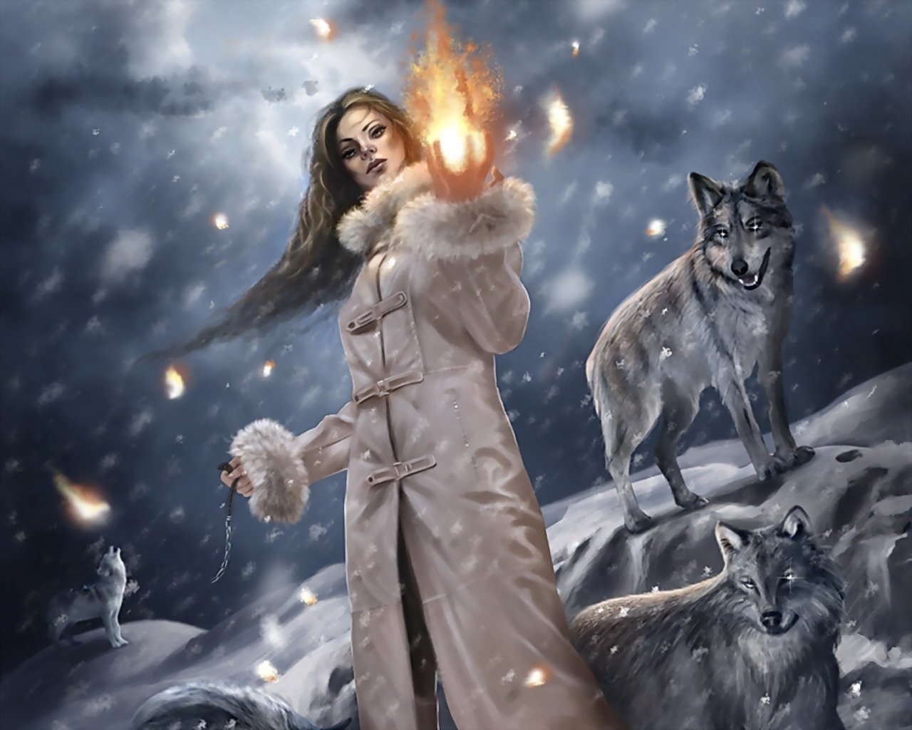 magie du feu fille loups hiver fantaisie