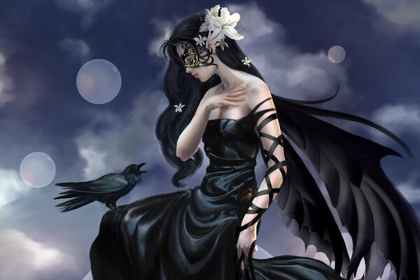 A girl in black and a mask with a crow