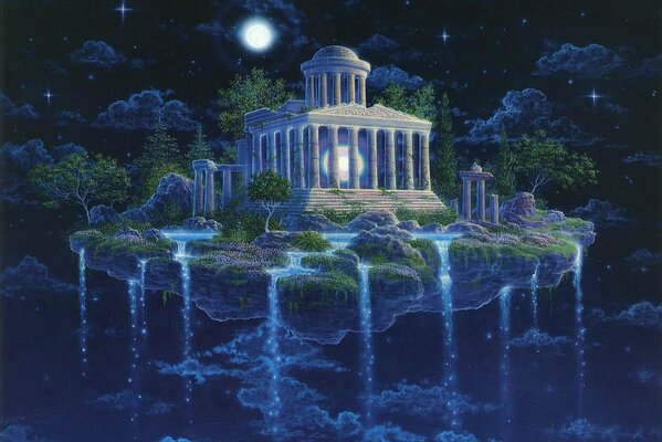 Świątynia księżyca z wodospadem w nocy
