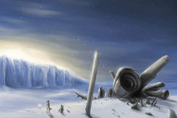 Parts of the ship s hull are scattered in the snow. Drawing