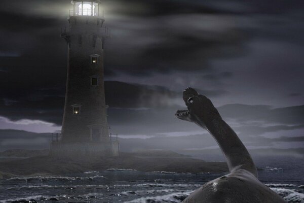 Le monstre du Loch Ness regarde le phare