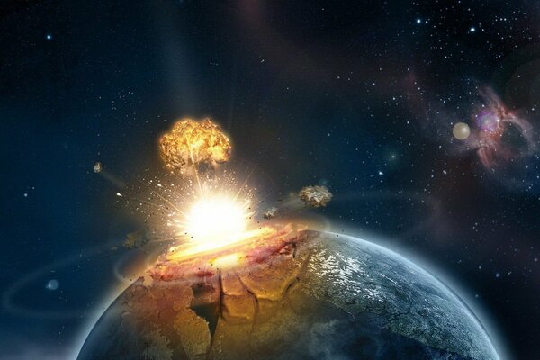 Explosion auf dem Planeten bei Kollision mit einem Meteoriten