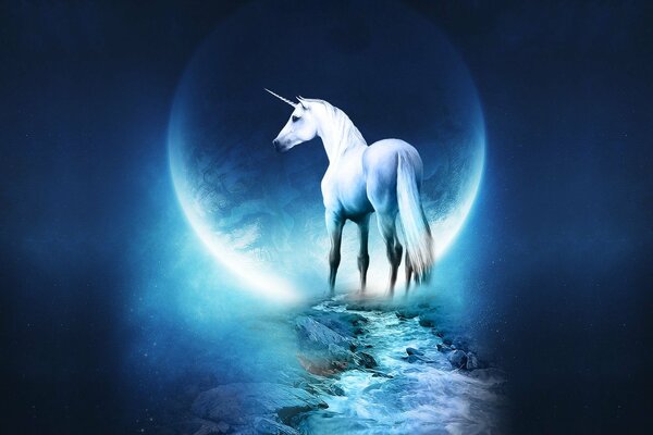 Unicornio azul cerca del planeta