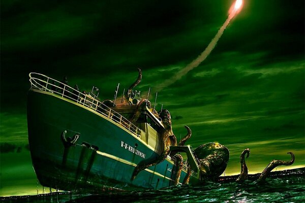 Giant octopus captured the ship. Rocket. Green background