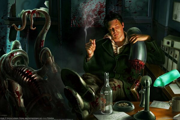 A man smokes , and there are blood splashes around