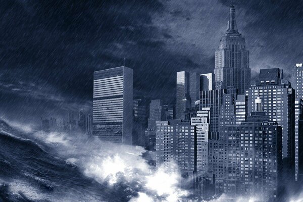 Une vague lave les gratte-ciel de New York