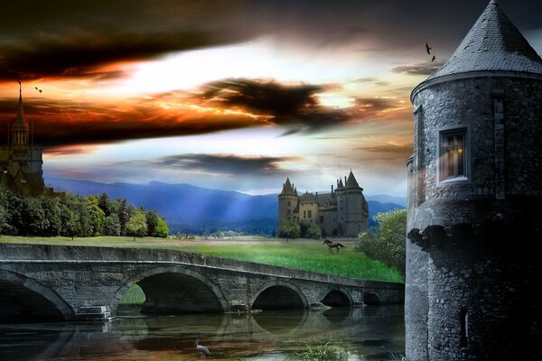 Das Pferd läuft über das Feld am Schloss über der Brücke